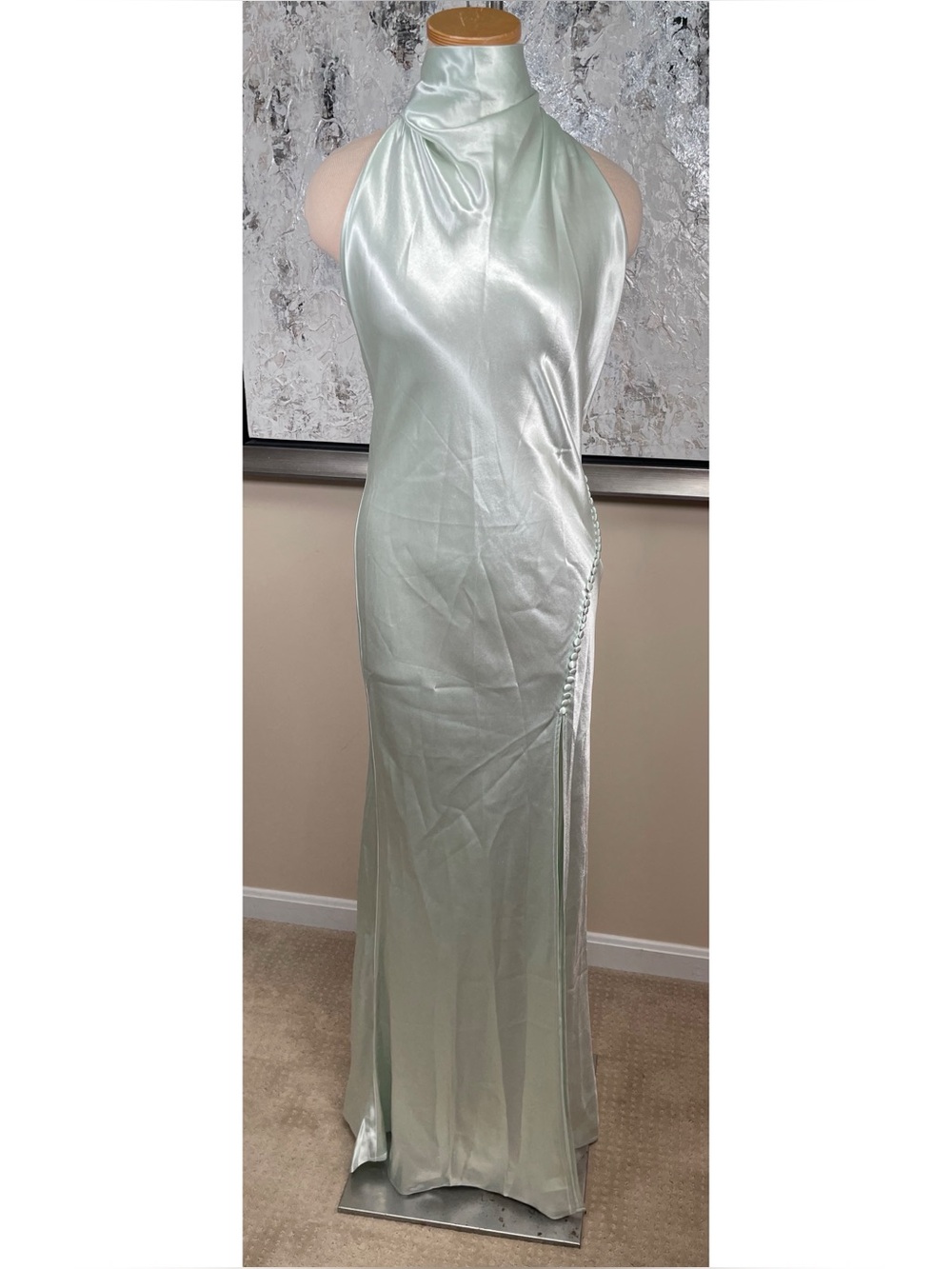 SAU LEE Penelope Mockneck Draped Satin Pistachio Green Maxi Dress Size 10 - Picture 3 of 9